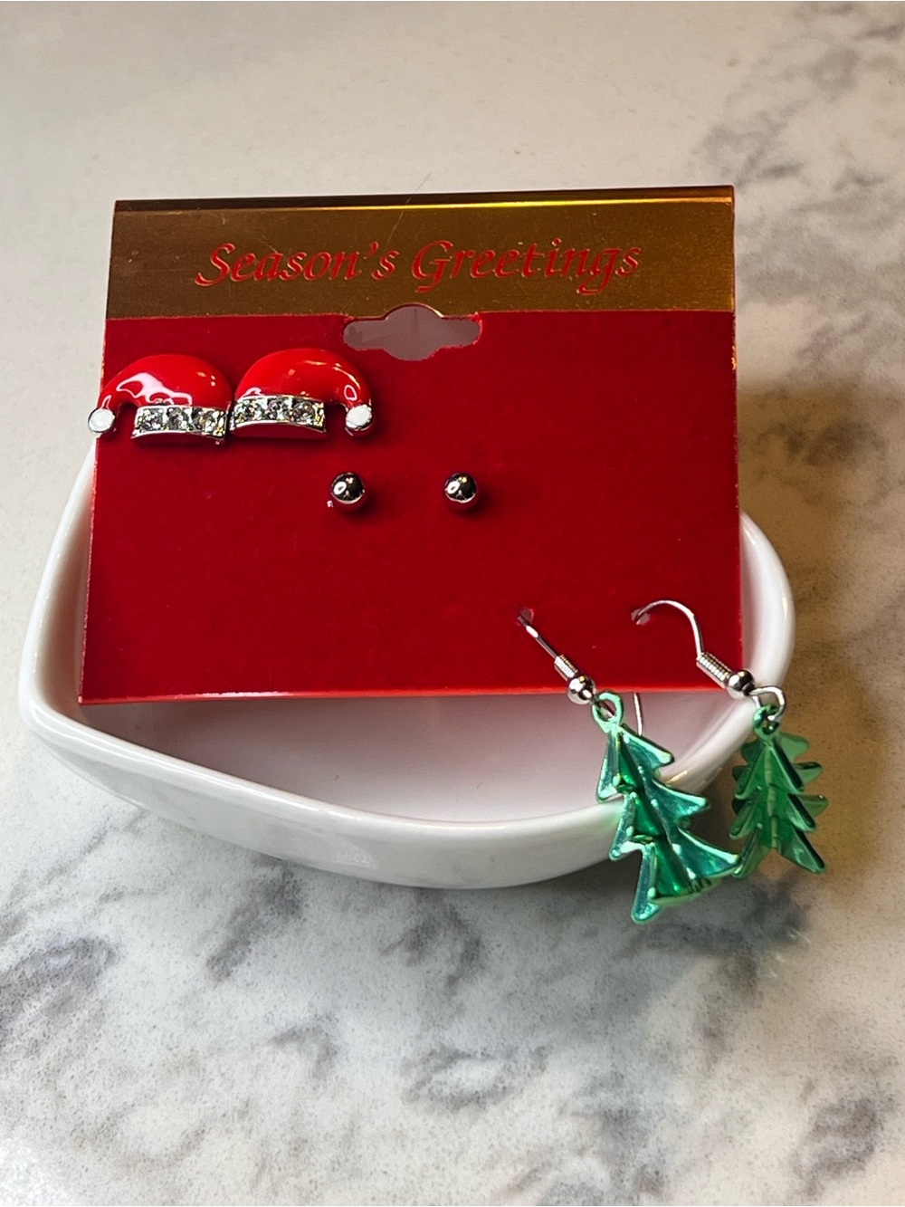 Holiday Earrings Set — Red Santa Hat Studs & Green Christmas Tree Dangles